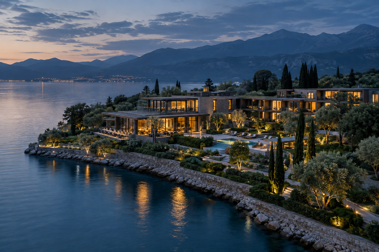 Modern waterfront hotel at dusk